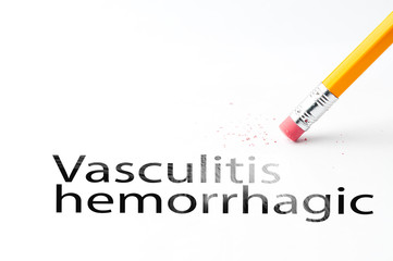 Closeup of pencil eraser and black vasculitis hemorrhagic text. Vasculitis hemorrhagic. Pencil with eraser.
