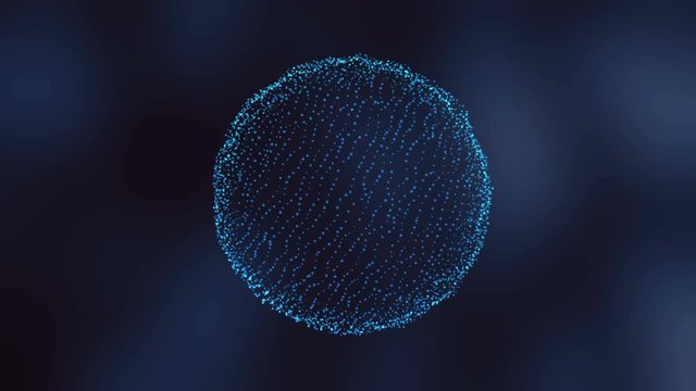 3D sphere of particles morphing and rotating. Blue motion graphics with dark background.