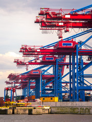 Ship to shore gantry cranes in a commercial dock, also known as container cranes