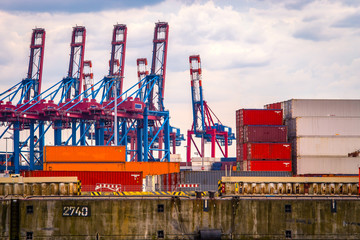 Commercial shipping docks with container cranes