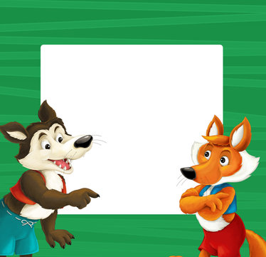 cartoon green frame with happy fox and wolf for different usage space for text