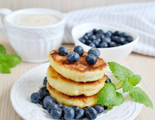 Cottage cheese pancakes with blueberry, breakfast or lunch