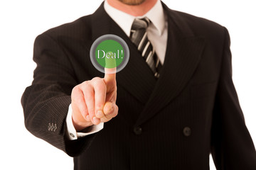 Happy young businessman in suit and tie presenting, promoting, advertising.