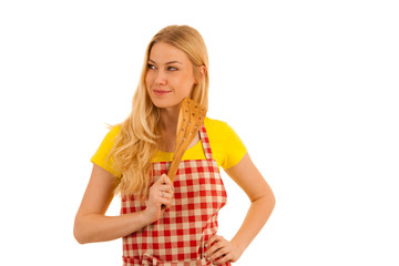 Young woman cook isolated over white background