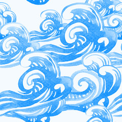 Endless watercolor background, seamless pattern with swirls and waves of the sea.