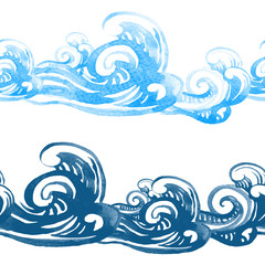 Endless watercolor background, seamless pattern with swirls and waves of the sea.