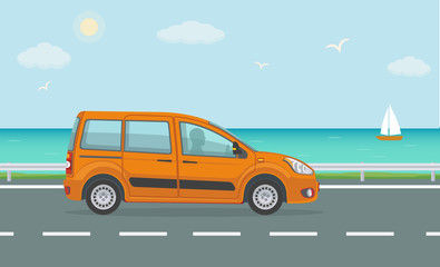 Orange car on the road near the sea. Vector illustration.