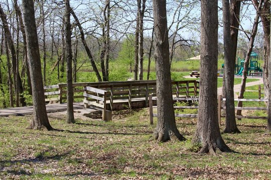 The wooden bridge to the playground area.