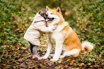 Little girl with big dog outdoor. Autumn, gold retriever.
