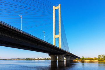 Cable bridge over Dnieper river in Kyiv, Ukraine