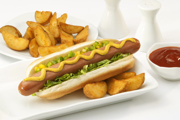 Chicken Jumbo Hotdog sandwich with fries & Ketchup on white plate 