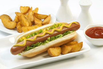 Chicken Jumbo Hotdog sandwich with fries & Ketchup on white plate 