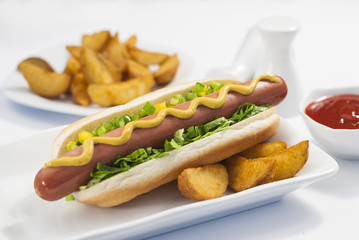 Chicken Jumbo Hotdog sandwich with fries & Ketchup on white plate 