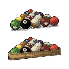 Fototapeta premium Billiard balls with number in triangle with shadow. Vintage engraving