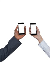 Close-up of man and woman holding mobile phone