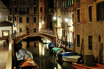 Venetian canal night view, Venice, Italy