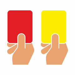 Football judge hand with a card. Red card and yellow card of football.