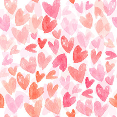 Seamless vector pattern with hand drawn watercolor hearts. Romantic background with pink hearts. Vector seamless background.