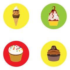 Set of ice creams and cupcakes on colored buttons, Vector illustration