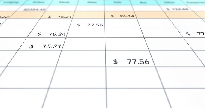 Camera pans by business expense report as numbers tick by