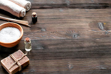 spa composition for body care on wooden background mock up