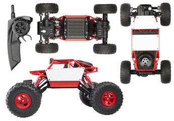 Fototapeta premium Radio controlled SUV for extreme, red children's toy with electric drive, view from three sides isolated on white