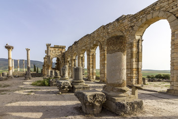 Fototapeta na wymiar Interior of the Basilica at archaeological Site of Volubilis, ancient Roman empire city, Unesco World Heritage Site