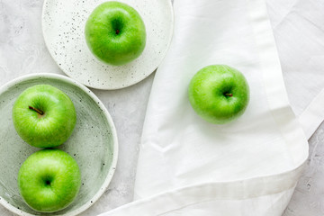green apples for healthy dessert on white background top view