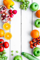 summer food with fresh fruits and vegetables top view space for text