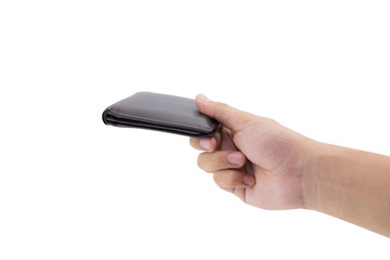 Male hand holding wallet isolated over white background with clipping path.