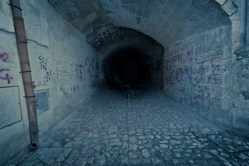 abandoned dark creepy and claustrophobic tunnel, with write on brick wall - obrazy, fototapety, plakaty