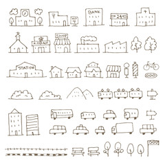 Fototapeta premium かわいい手描き地図用建物、乗り物アイコンイラスト