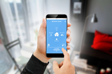 Smart home control on smartphone app with home interior in backround