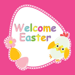 Cute chick, flower, and eggs vector cartoon, Easter postcard, wallpaper, and greeting card, T-shirt design for kids