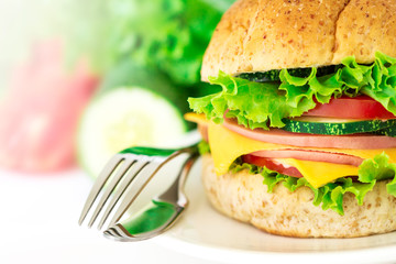 burger sandwiches bread with bacon , ham and cheese with vegetable , healthy breakfast on white background , healthy breakfast food concept