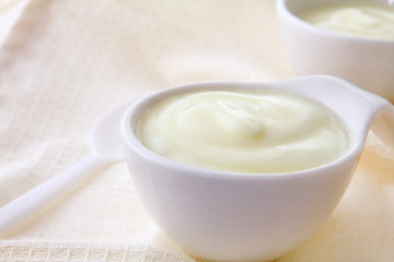 Close up natural creamy white yogurt in cup