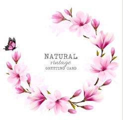 Naklejka premium Natural vintage greeting card with pink magnolia. Vector.