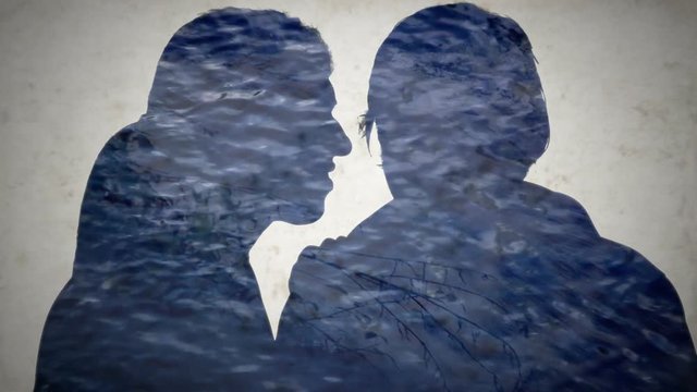 Double exposure: a woman whispering a secret in the ear of a man, silhouette; a pool of clean blue flowing water, a waterfall, and other nature scenes. Symbolic shot: news, information, communication.