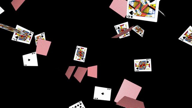 Flying poker cards on black background - loop, black spades, 10, J, Q, K, A
