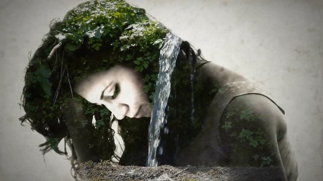 Double exposure: a sad and depressed young woman, caressing herself; a water brook.
