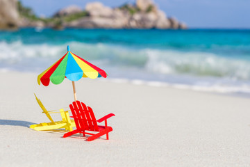 Two chairs and umbrella on tropical beach Similan Islands Thailand. Paper, handmade.