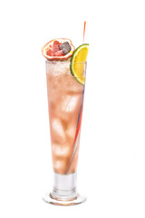 Close up of glass with refreshing orange cocktail with lime and passion fruit.