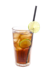 Close up of glass with alcohol cocktail with lime, vodka and cola.