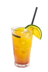 Close up of glass with refreshing orange cocktail with lime.