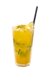 Close up of glass with iced refreshing cocktail with lime, passion fruit and mint.