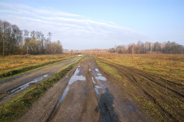 Fototapeta na wymiar Wet muddy country road