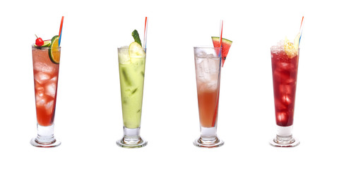 Set of iced cocktails: with watermelon, cucumber, orange, lime and cherry, tangerine decoration.