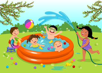Joyful kids playing in inflatable pool in the backyard