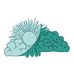 watercolor silhouette of cumulus clouds and sun on aquamarine vector illustration