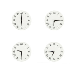 Closeup group of white clock with shadow for decorate show the time in 6 , 6:15 , 6:30 , 6:45 a.m. isolated on white background